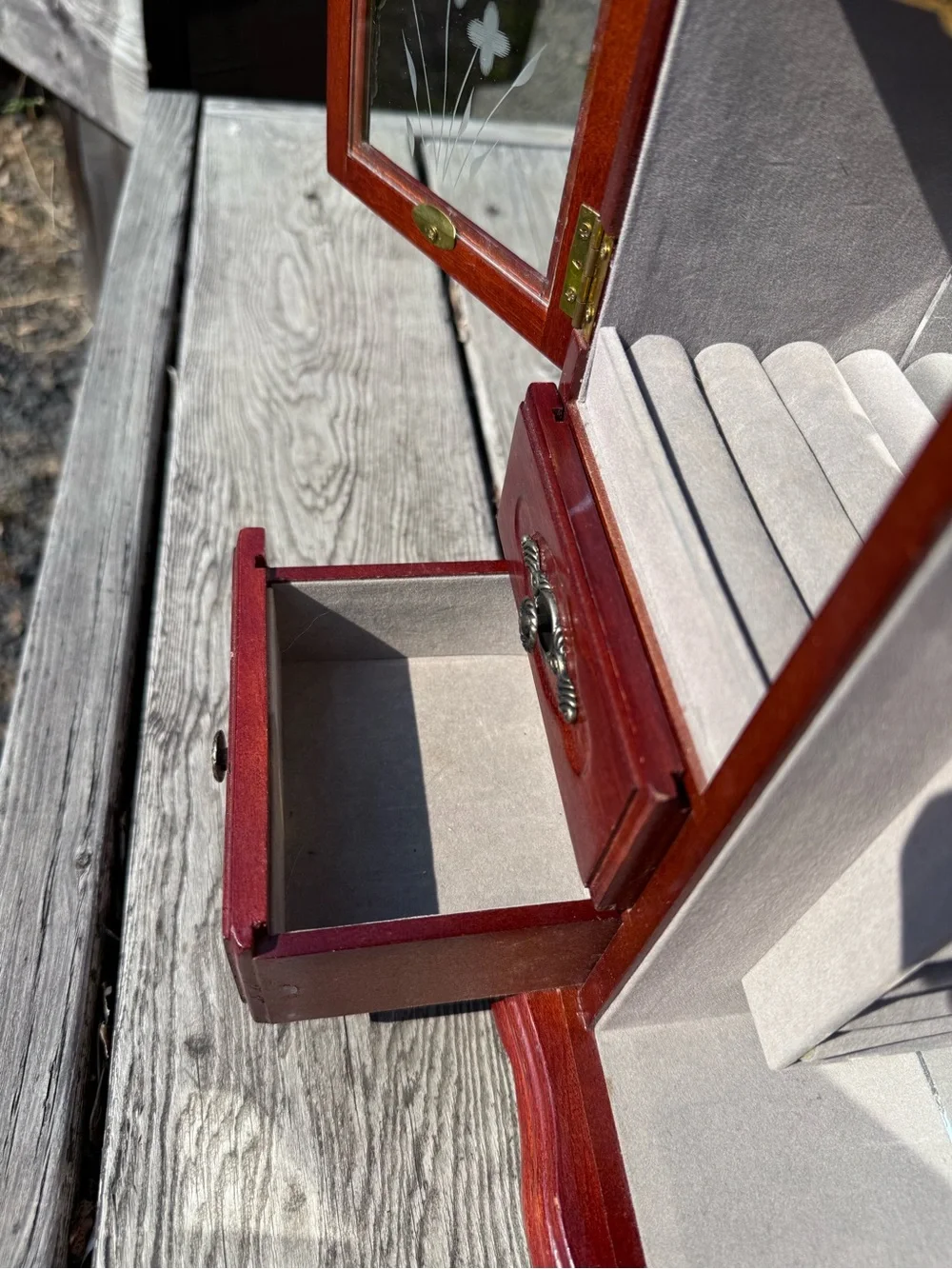 Mahogany Red Wooden Jewelry Armoire Cabinet with Etched Glass